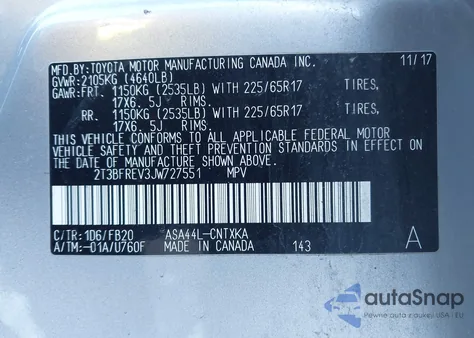 2018 Toyota Rav4 Le из США, поврежденный, VIN 2T3BFREV3JW727551